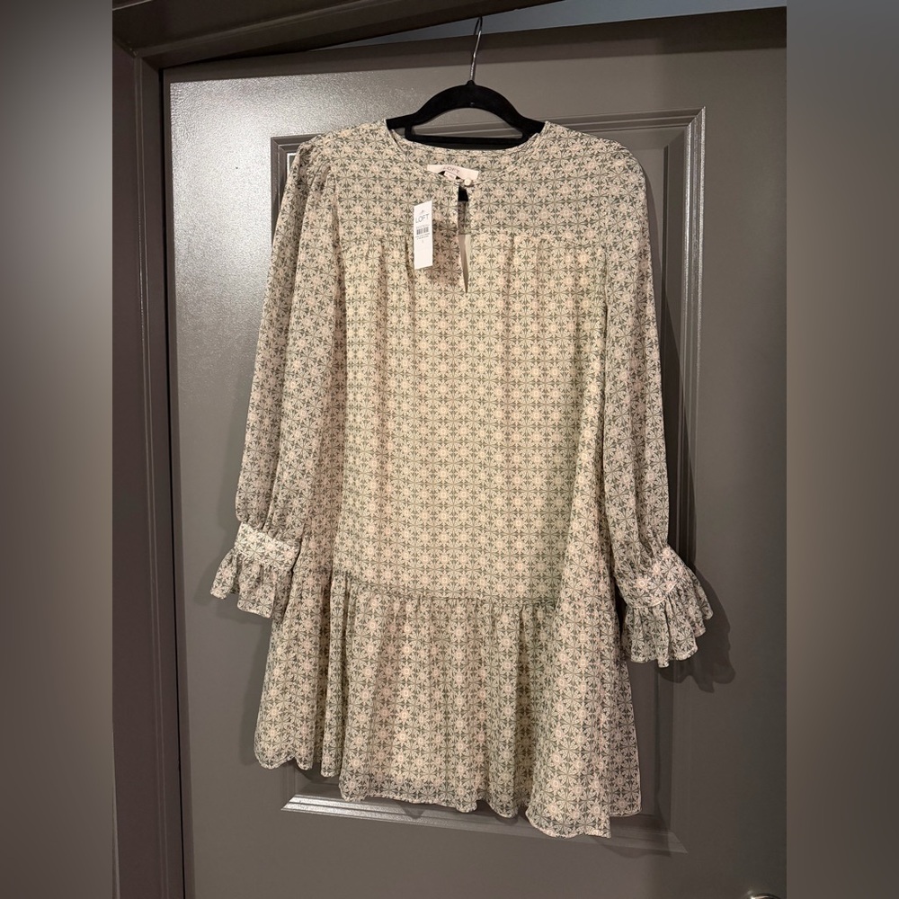 LOFT Geometric Patterned Dress in Green and Cream